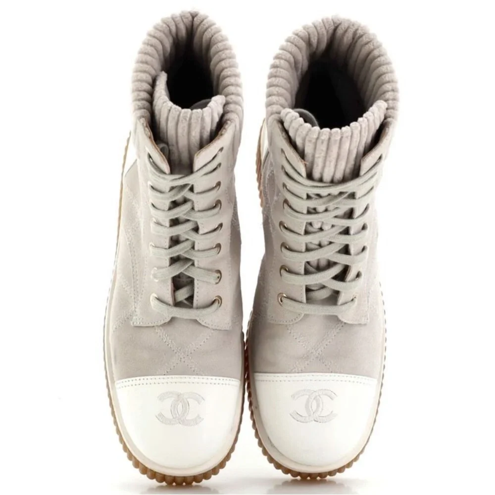 Authentic Chanel Gray and White combat Boots 36.5 Limited Edition.